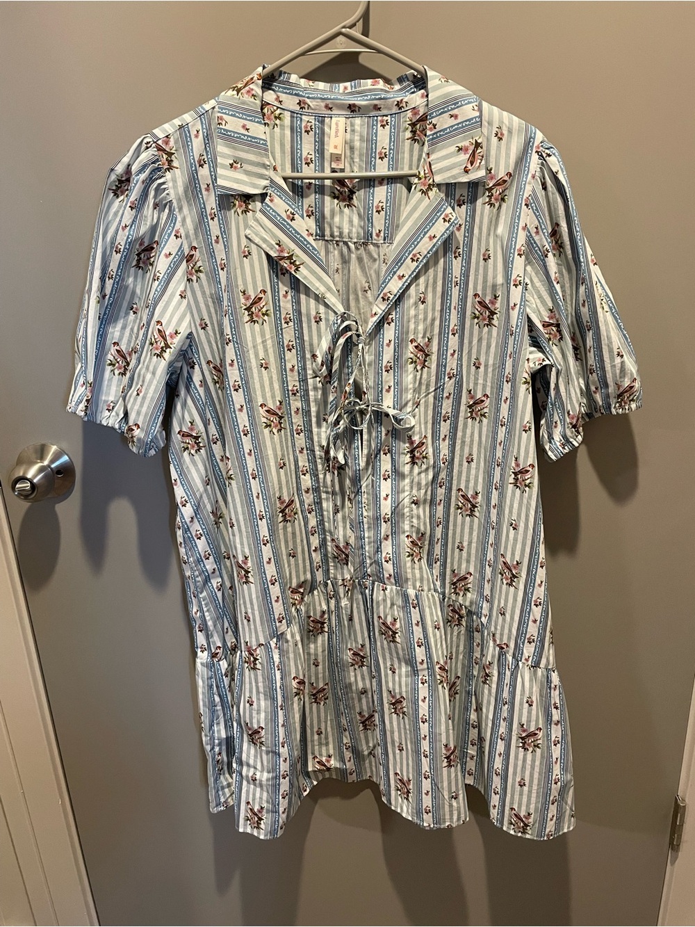 Anthropologie Light Blue Striped Floral And Bird Tie-Front Mini Dress NWOT - Picture 3 of 11